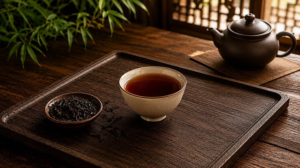 Настой Шу Пуэра, сухой чайный лист и глиняный чайник